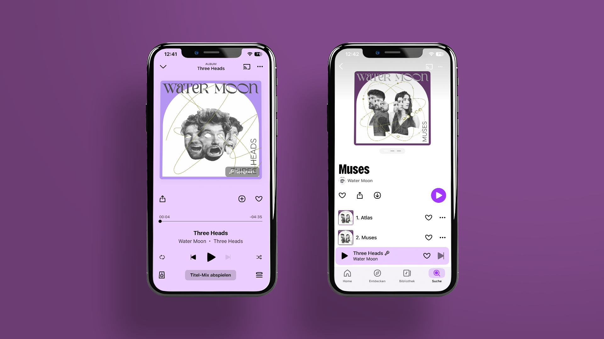 App-Ansicht des Musikstreaminganbieters Deezer. Ansicht 1 zeigt den Song "Three Heads". Ansicht 2 zeigt das Album "Muses".
